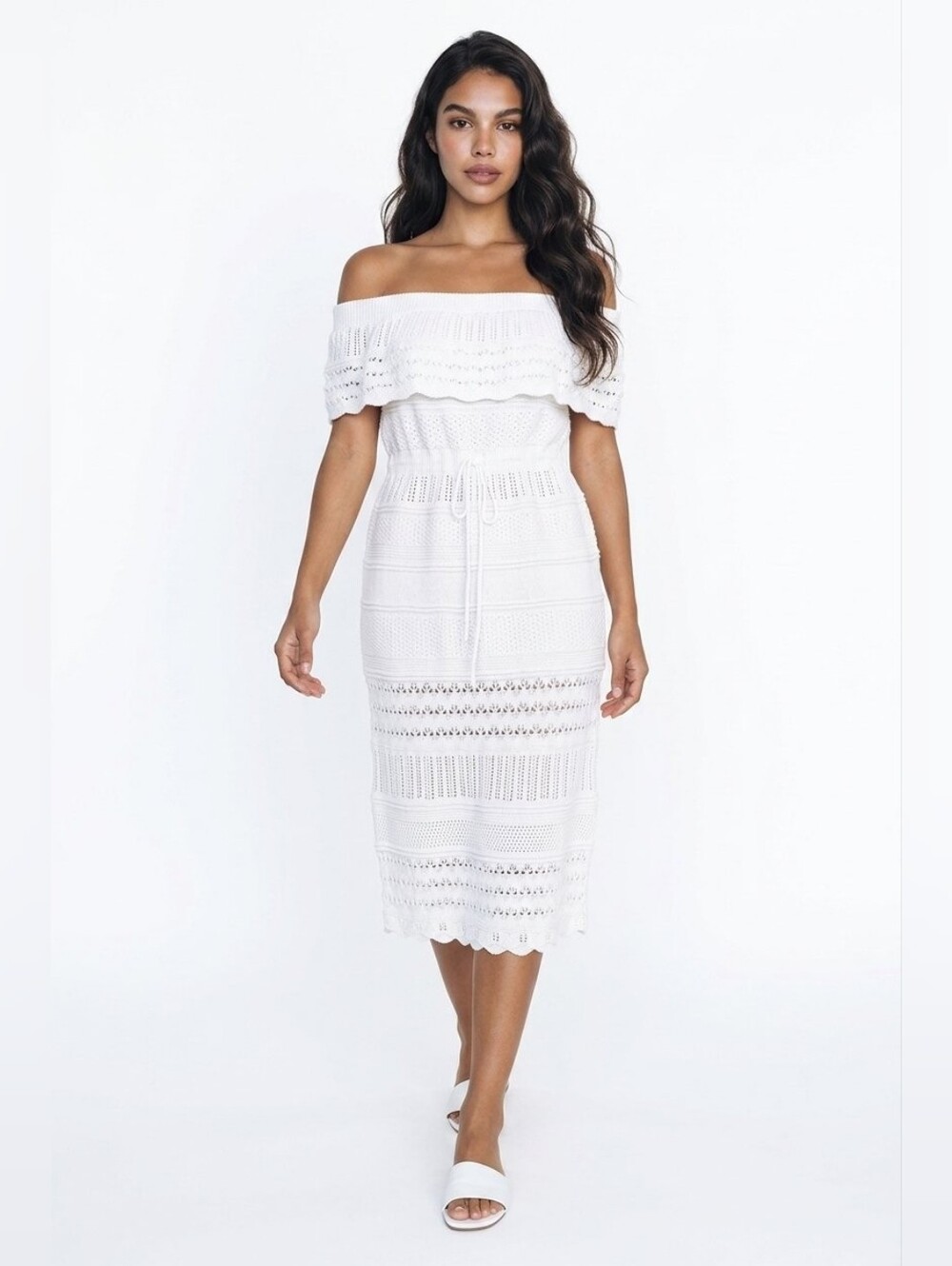 ASOS White Off-Shoulder Crochet Midi Dress